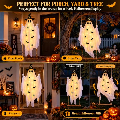 Light Up Halloween Ghost on Swing – 5FT Outdoor Decor with Remote & 8 Modes