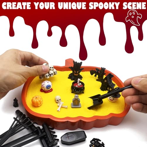 Halloween Pumpkin Zen Garden Desk Decor - Gothic Spooky Coffin Tray with Figurines Variation of PUMPKIN