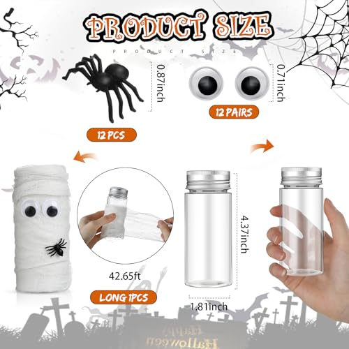 Small Mummy Halloween Potion Bottles Set with Wiggle Eyes & Mini Spiders - 12 Pcs