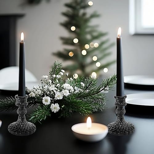 Black Glass Candlestick Holders Set of 6 - Taper Candle Holders with Elegant Design - Black Diamond Variation