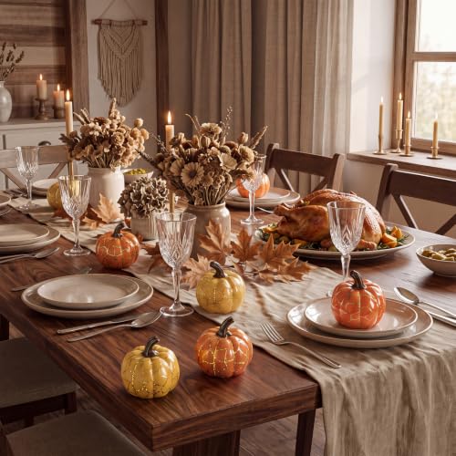 Set of 6 Fall Ceramic Pumpkins for Farmhouse Decor - Orange & Yellow