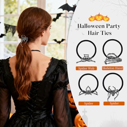 Gothic Halloween Hair Ties Set - Skeleton Hand Spider Web Skull Ponytail Holders for Women