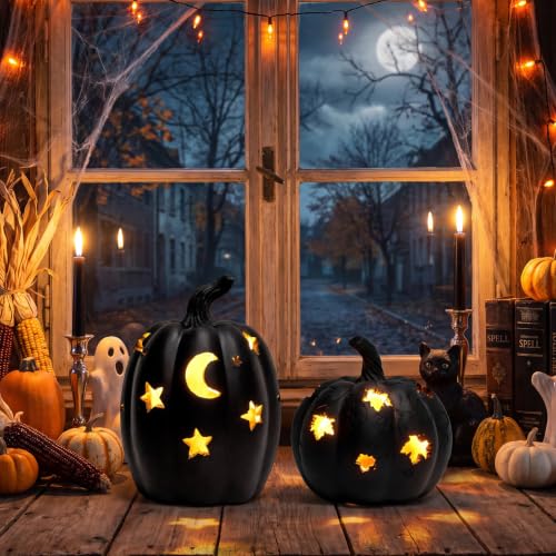 Moon Stars Black Resin Light-Up Pumpkin Figurine - Halloween Decor, 5.3"