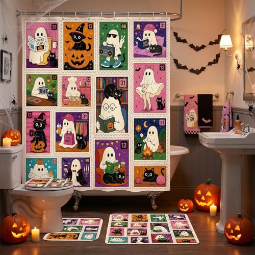 Funny Ghost Bathroom Shower Curtain and Rug Set - Halloween Decor, 4PCS