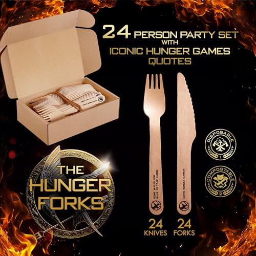 Eco-Friendly Disposable Wooden Cutlery Set with Hunger Games Quotes - 48pcs for Parties