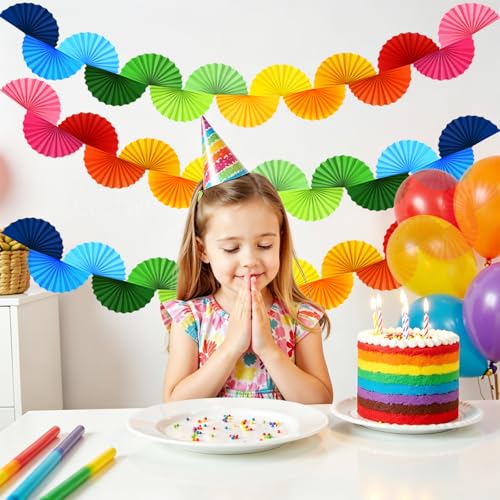 Rainbow Paper Fan Garland 15.6ft - 3 Pack Ceiling Decor, Party & Event Backdrop