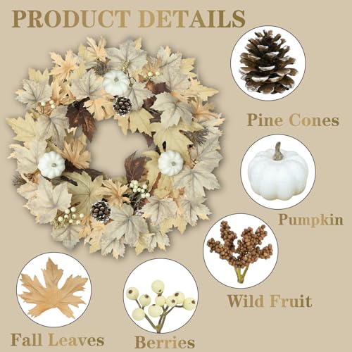 Beige Fall Wreath with Lights - 22-inch Autumn Door Decor with Pumpkins, Berries & Pine Cones
