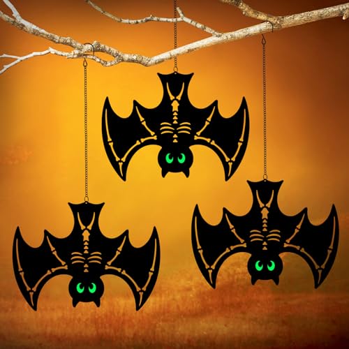Outdoor Halloween Metal Bat Decorations Set with Glowing Eyes - 3 Pack