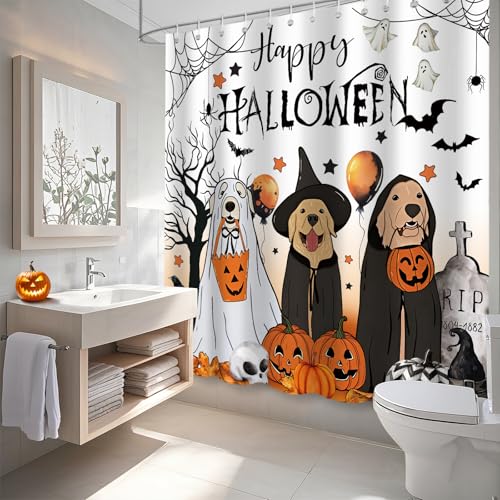 Halloween Shower Curtain for Bathroom - Funny Dog Ghost Pumpkin Bat Theme, Waterproof Fabric, 72x72 Inches, White Variation