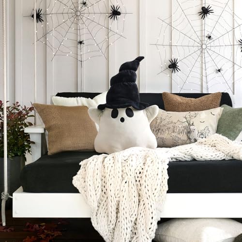 Cute Ghost Halloween Throw Pillow - Plush White Cushion with Black Hat for Indoor Decor