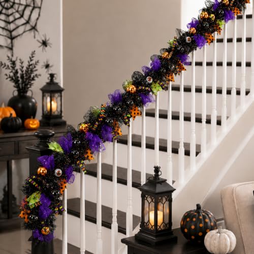 Halloween Garland for Mantle 6ft with Mesh Ribbon and Ornaments