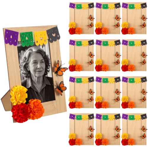 Cute Día de los Muertos Photo Frame Set for Altar - 12 Wooden Frames with Marigold Flowers & Butterflies