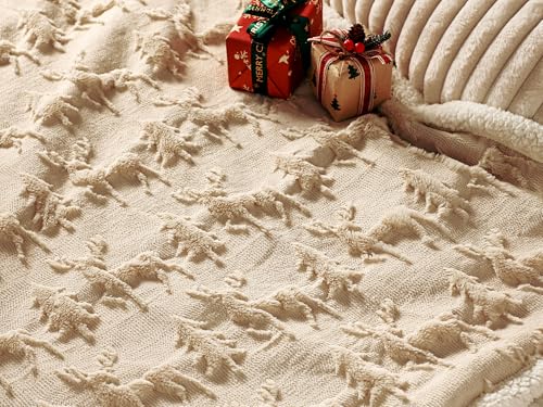 Remagr Beige Reindeer Christmas Sherpa Throw Blanket 50x60in - Double-Sided Plush Cozy Decor