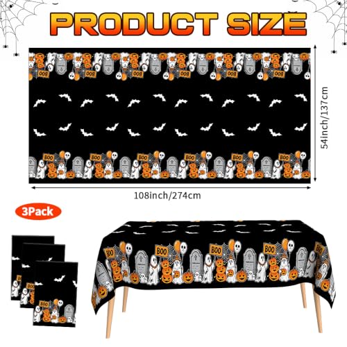 3 Pack Halloween Plastic Tablecloth - Black Ghost Pumpkin Design, 54x108 Inch