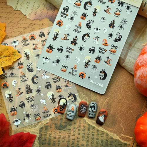 Halloween 5D Embossed Nail Art Stickers - Black Naughty Cat Style01 with Ghost Pumpkin Web Designs