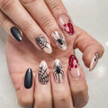 Halloween Press On Nails - Gothic Black Spider Web Almond Fake Nails, 24Pcs