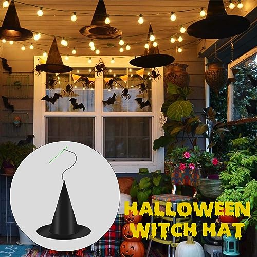 Black Hanging Witch Hats Set - 12 Pieces & 16 3D Bat Stickers for Halloween Decorations