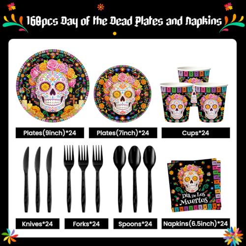 Dia De Los Muertos Party Plates and Napkins Set - 168pcs Celebration Decor