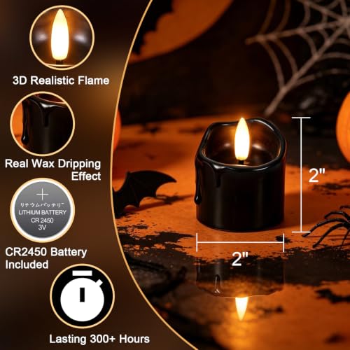 Wondise Halloween Black Real Wax Votive Candles with Remote Timer - 6pcs