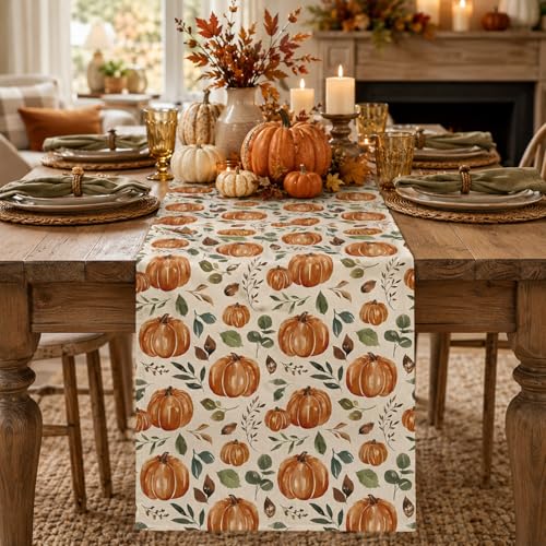 Pumpkin Table Runner with Roses Leaves Fall Seasonal Autumn Kitchen Decor 13x72 Inch