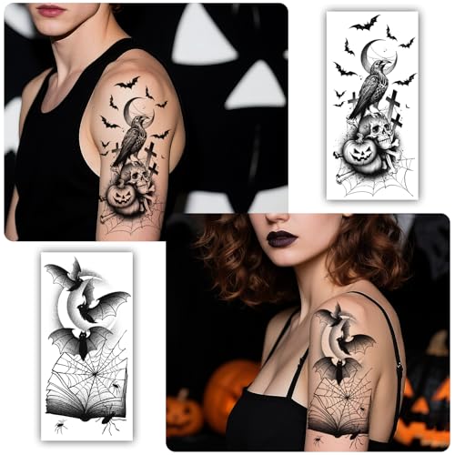 Halloween Temporary Tattoos Set - 77 Pieces with Half Sleeve and Small Designs - Kids & Adults - Halloween Tattoos