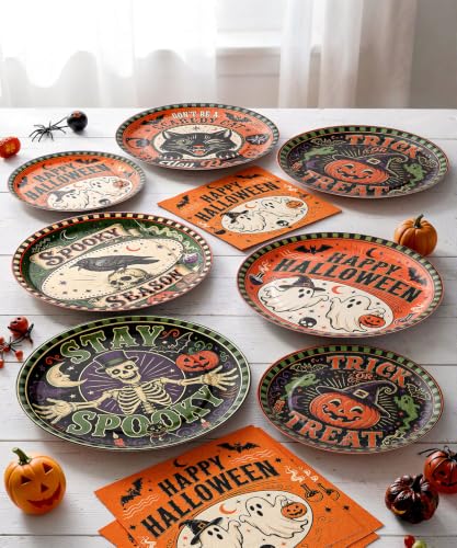 Heavy-duty Halloween Paper Plate & Napkin Set - Black Orange Mix, Round 9in & 7in, Disposable Party Supplies with Spooky Gothic Design