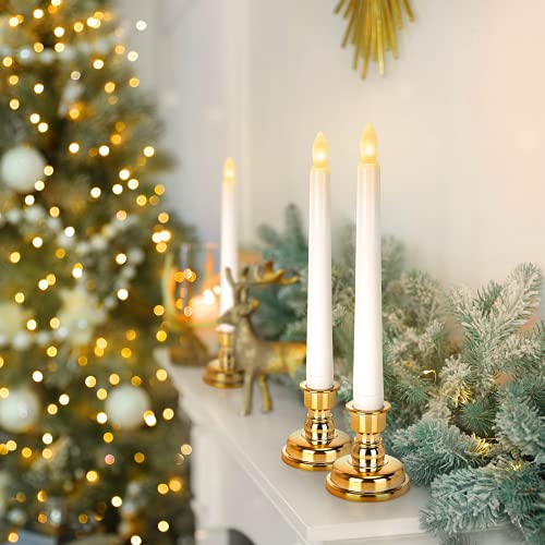 Daord 9 Pack Flameless Flickering LED Taper Candles with Remote & Timer - White + Gold Holders, Christmas Window Decor
