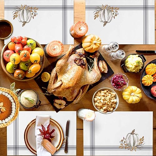 Gray 6-Piece Fall Thanksgiving Placemats with White Pumpkin Leaf Design - Cotton Linen Washable Table Mats