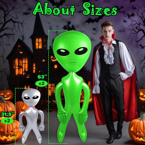 Giant Inflatable Alien Balloon Set - 2 Large 63In Green + 2 Small 31.5In Silver Space Party Decorations