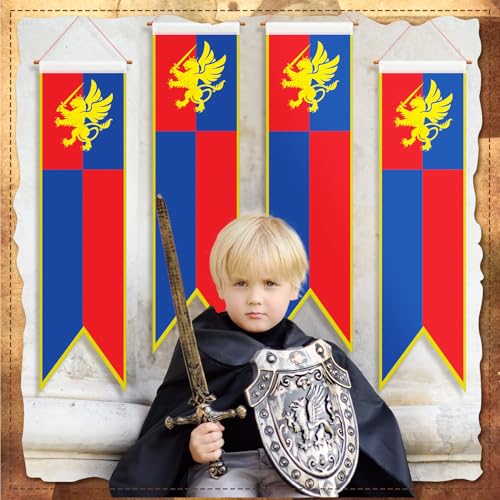 Medieval Castle Flags Set - Blue, Red & Gold Banners for Parties & Events - 8 Pcs (Variation: Blue, Red & Gold / 8)