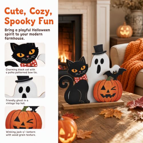 Halloween Wooden Tabletop Decor - Top Hat Ghost, Black Cat, Pumpkin & Bat