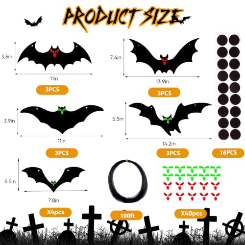 Halloween Hanging Bat Decorations Outdoor - 16 Pack Glowing Eyes Black Variation