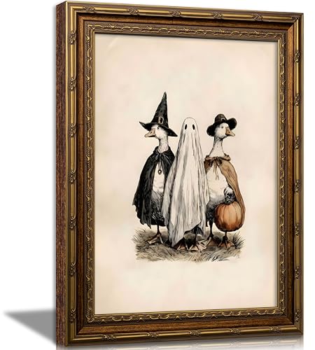 Halloween Ghost Duck Canvas Wall Art - Vintage Gold Frame, 9x11 in - Ducks and Ghost Variation