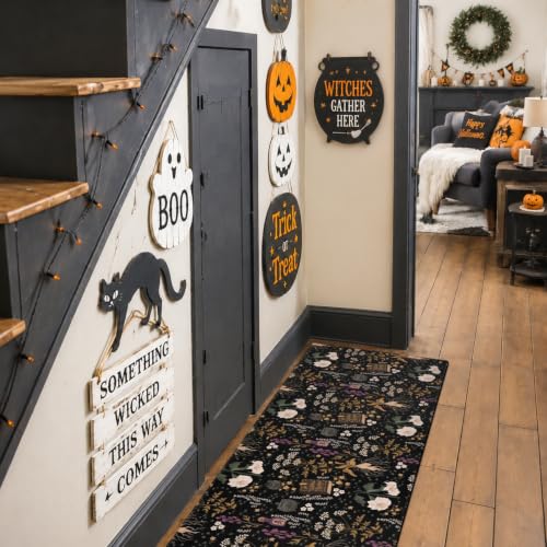 Halloween Kitchen Mat Set of 2 - Witches Garden Gothic Botanical Floor Rugs Non-Slip Washable