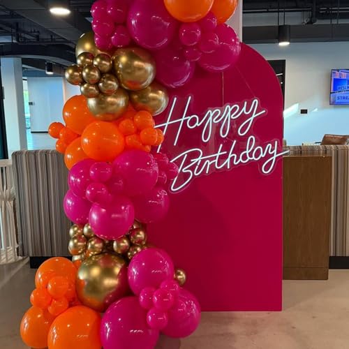 Hot Pink Orange Gold Balloon Garland Arch Kit - 134pcs Party Decorations - Variation of Hot Pink Orange Gold