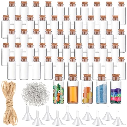50 Packs 15ml Mini Plastic Bottles with Corks, Eye Screws & Funnels - DIY Craft Supplies