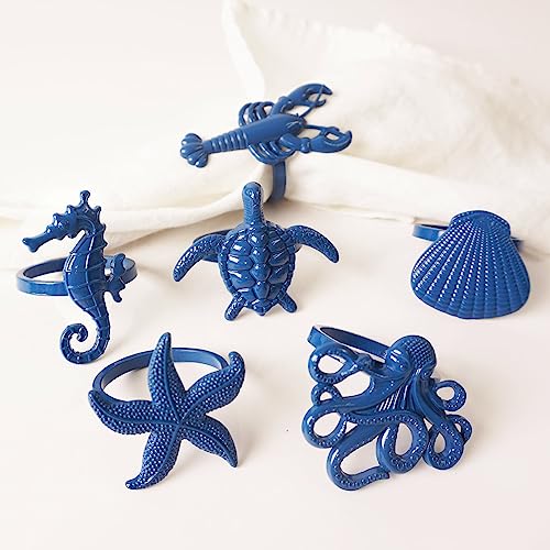 Blue Coastal Sea Creatures Napkin Ring Set of 6 - Beach & Summer Table Decor