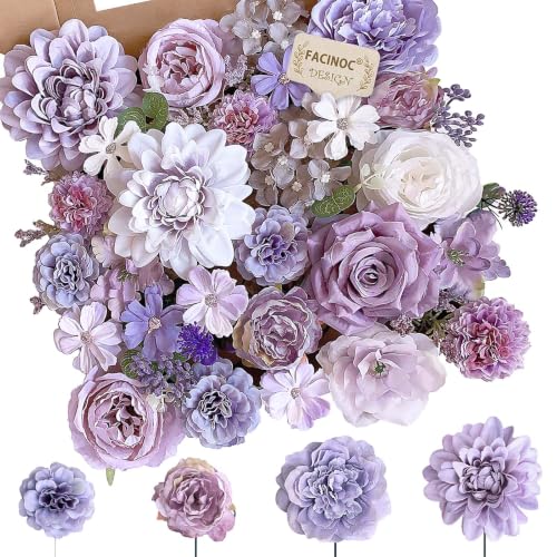 Purple Lavender Lilac Artificial Flower Set - Silk Roses, Dahlias & More