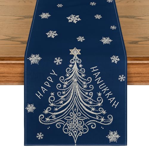Holiday Hanukkah Table Runner Blue Pine Trees Snowflakes 13x72 Inch Home Decor
