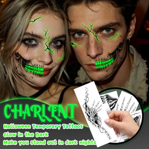 Glow in The Dark Skeleton Face Tattoos for Halloween Costume Party