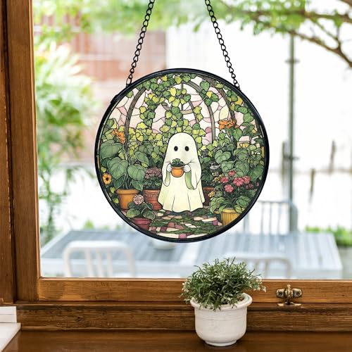 Halloween Ghost Stained Glass Window Hanging - Indoor Sun Catcher, 7.9 Inch