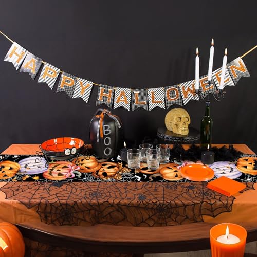 Halloween Spider Web Table Runner with Pumpkins and Bats - 13x72 Inch - Pink Variation