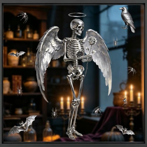 Halloween Skeleton Window Clings - Large Angel Skeleton Stickers with Spiders & Bats, 2 Sheets, 15 Pieces - Variation: Skeleton