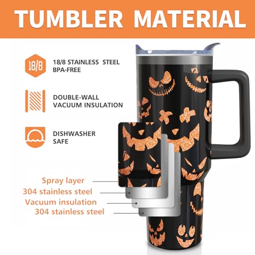 Halloween Pumpkin Face 40oz Insulated Tumbler Cup with Handle & Straw - Variation 01