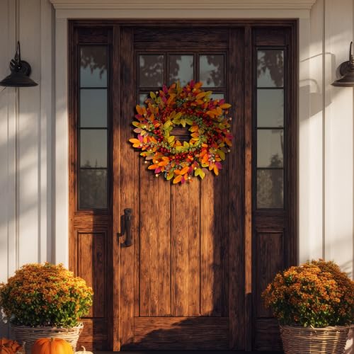 22 Inch Fall Berry Wreath for Front Door Outdoor Decor with Red Berries