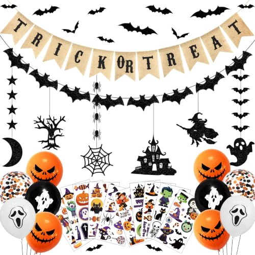 Halloween Trick or Treat Banner Decor Set with Bats Balloons & Stickers