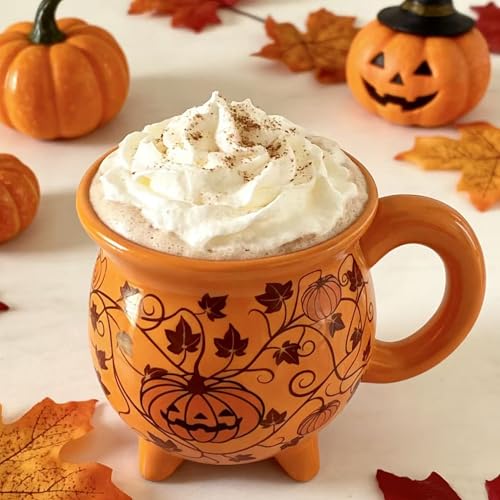 Ceramic Cauldron Mug 12 oz - Witchy Pumpkin Orange Coffee Tea Cup, Magical Gift