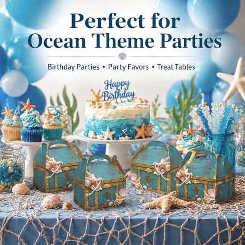 Ocean Treasure Box Set - 24 Cardboard Sea Chest Party Favors for Beach Birthday