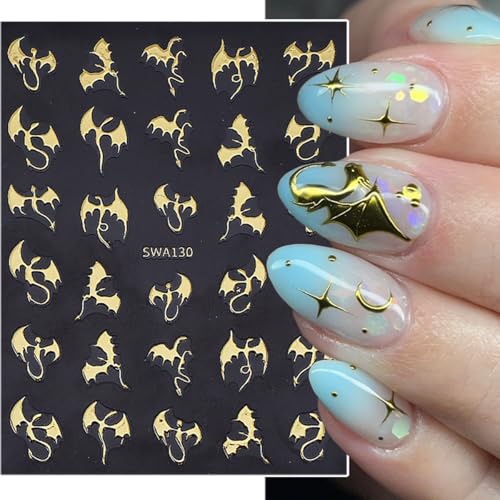 Halloween Bat Nail Art Stickers 6 Sheets - 3D Gold Silver Flying Dragon Design, Style 4