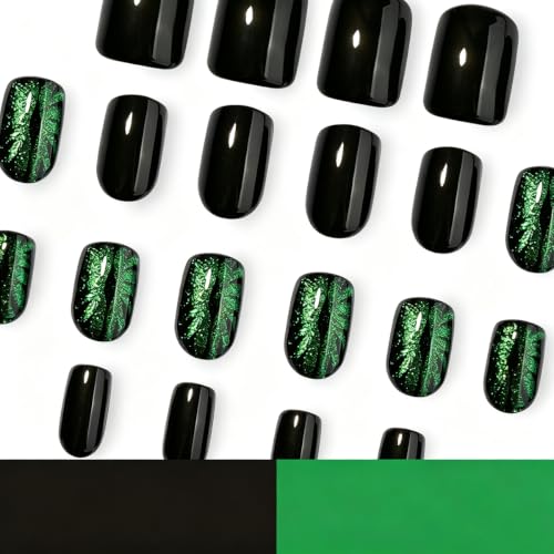Halloween Square Press-On Nails with Sparkly Green Evil Eye - 24Pcs, Variation 27